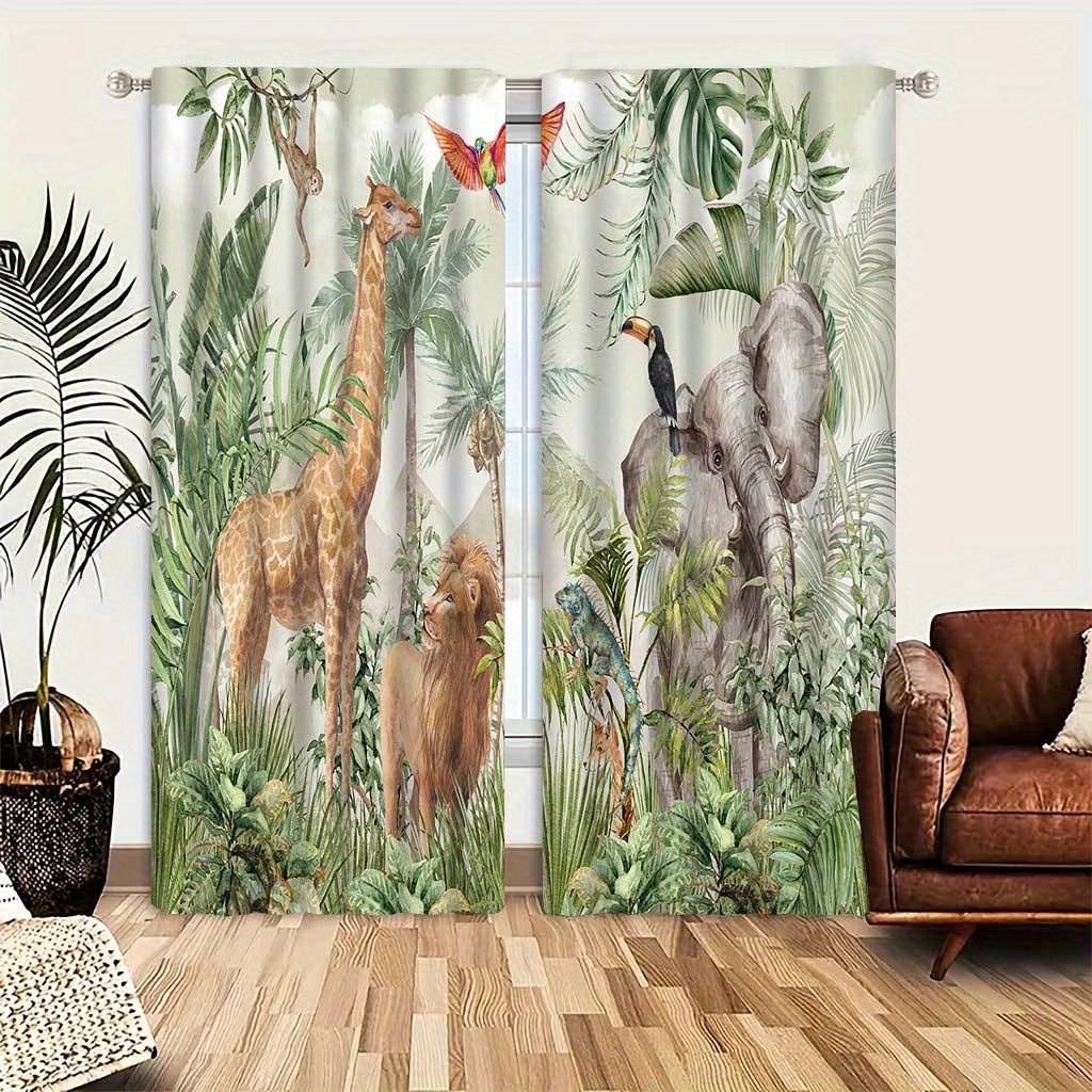 

Safari Animals Printed Curtain Panels For Living Room And Bedroom - Glam Style, Woven Jacquard Polyester, Semi-sheer Rod Pocket Drapes, Washable, Machine Easy-care, Arts-inspired Decor