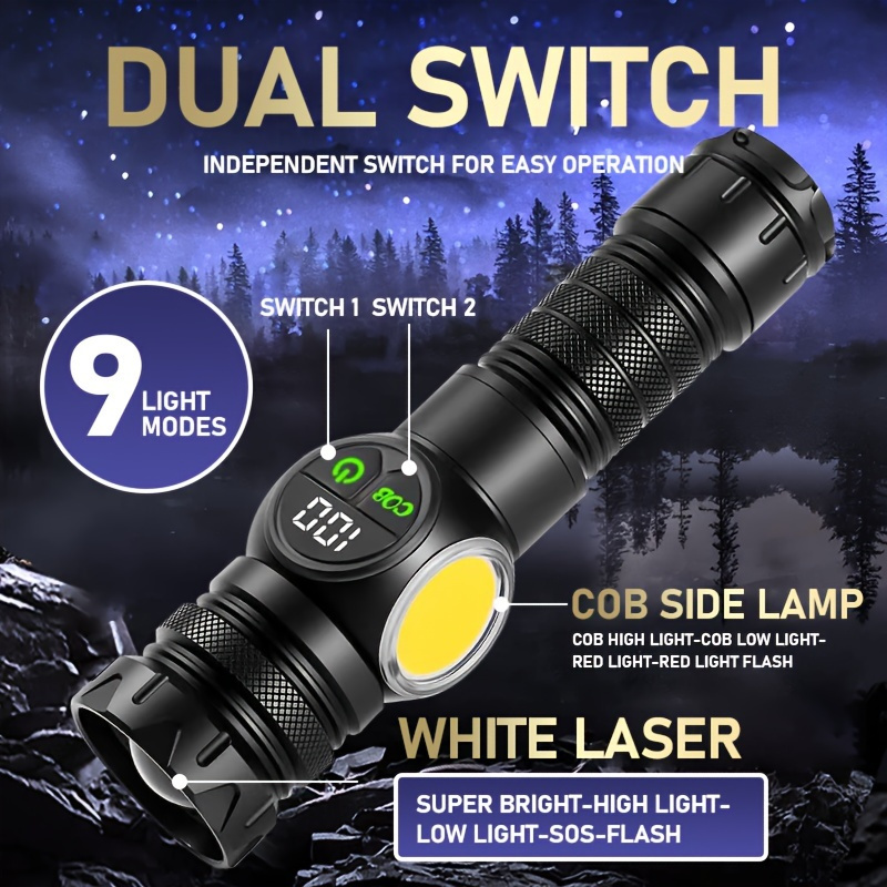 

2024 Led Multifunctional Rechargeable Flashlight, Retractable , Dual Switch 9 Mode Cob With Red Light, Suitable For Outdoor Camping, Camping Equipment, Hunting Equipment, Fishing, Hiking,