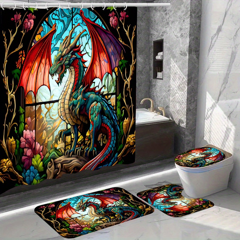 

Stunning Stained Glass Dragon Shower Curtain Set With 12 Hooks: Includes Toilet Seat Cover, Bathroom Mat, And Non-slip Rug - Polyester Fabric, Washable, And Waterproof