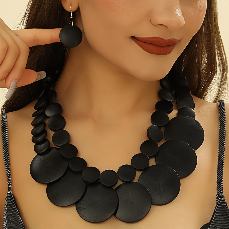 

Elegant Boho-chic Handcrafted Black Double-layer Necklace & Earrings Set - Natural Wood, December Birthstone, Perfect For Parties & Holidays Bohemian Jewelry Set Wood Jewelry