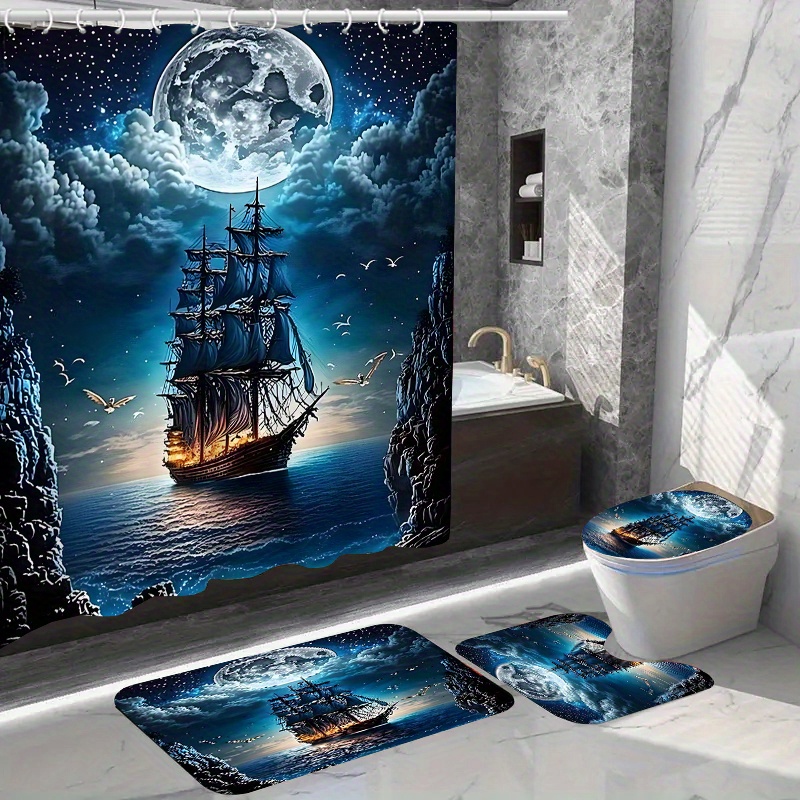 

1pc/4pcs Home Decor Waterproof Shower Curtain Sets With 12 Hooks Toilet Seat Cover Bathroom Mat Non-slip Rug Carpet Polyester Fabric Washable Curtain For Windows Bathroom Accessories