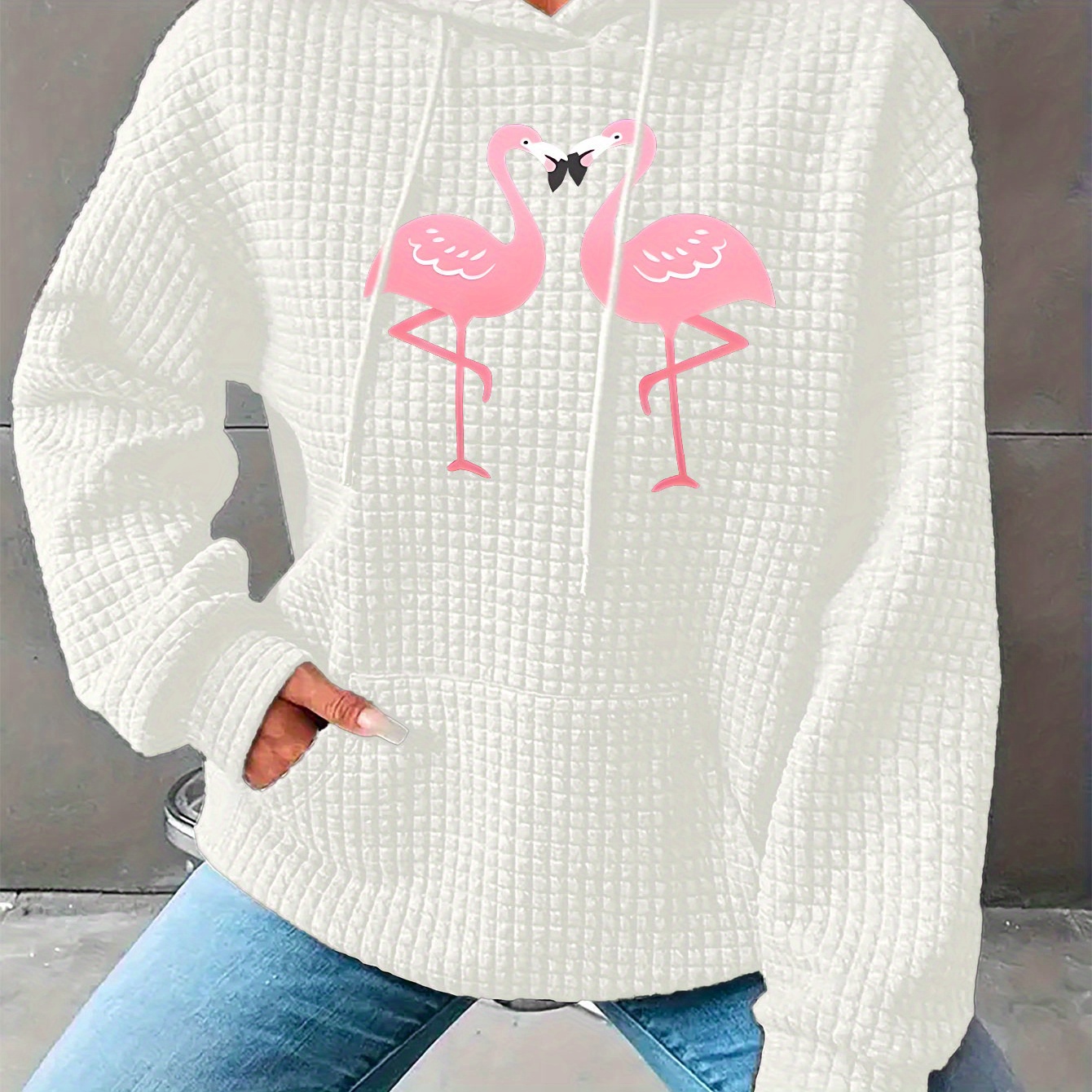 

Casual Flamingo Print Waffle Lounge Top For Fall & Winter, Long Sleeve Hooded Drawstring Sweatshirt With Kangaroo Pockets, Women's Loungewear