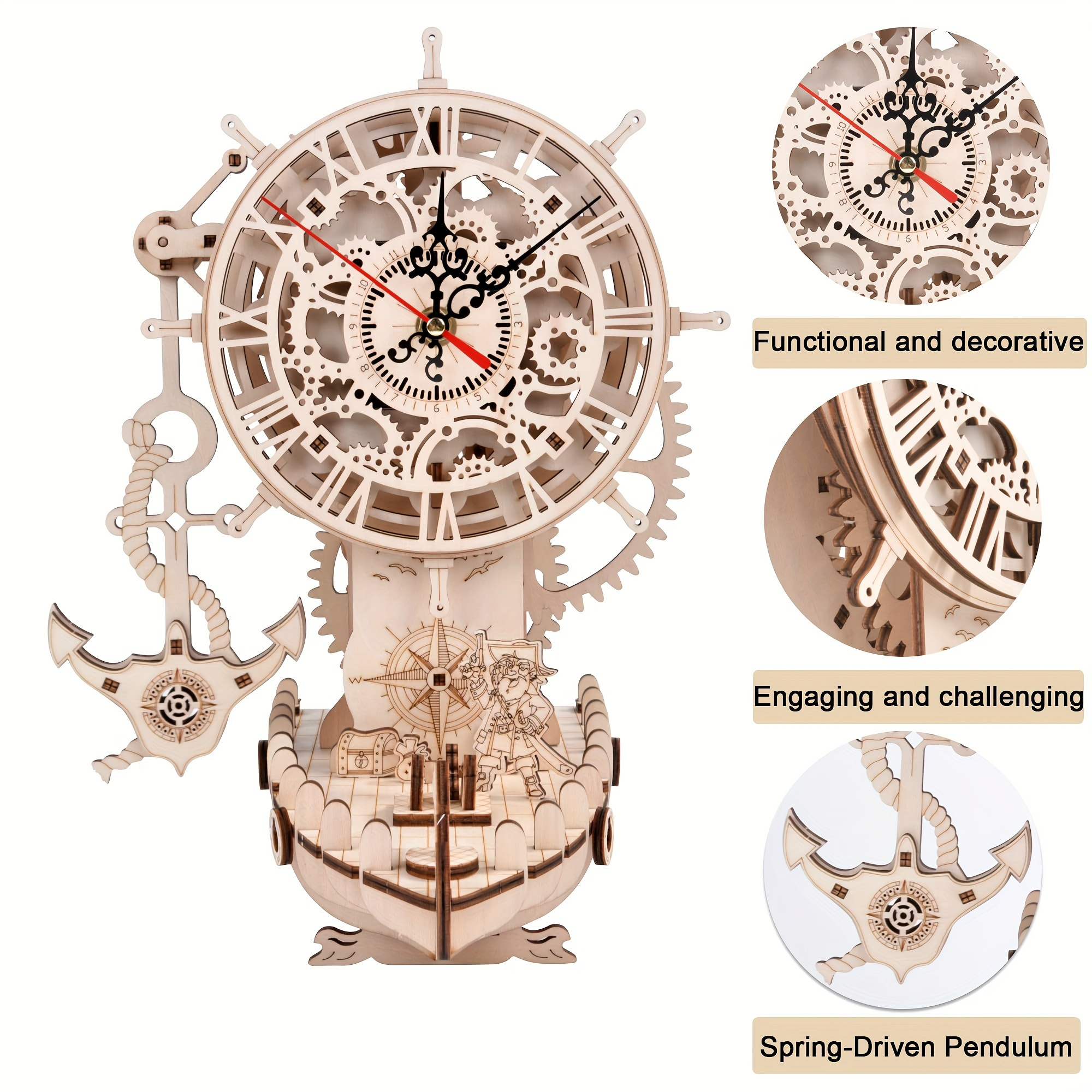 

Pirate Ship Clock 3d Wooden Puzzles For Adults, Wooden Models For Adults To Build Diy 3d Puzzle Mechanical Clock Kit, Clock Making Kits Gift For Adults.