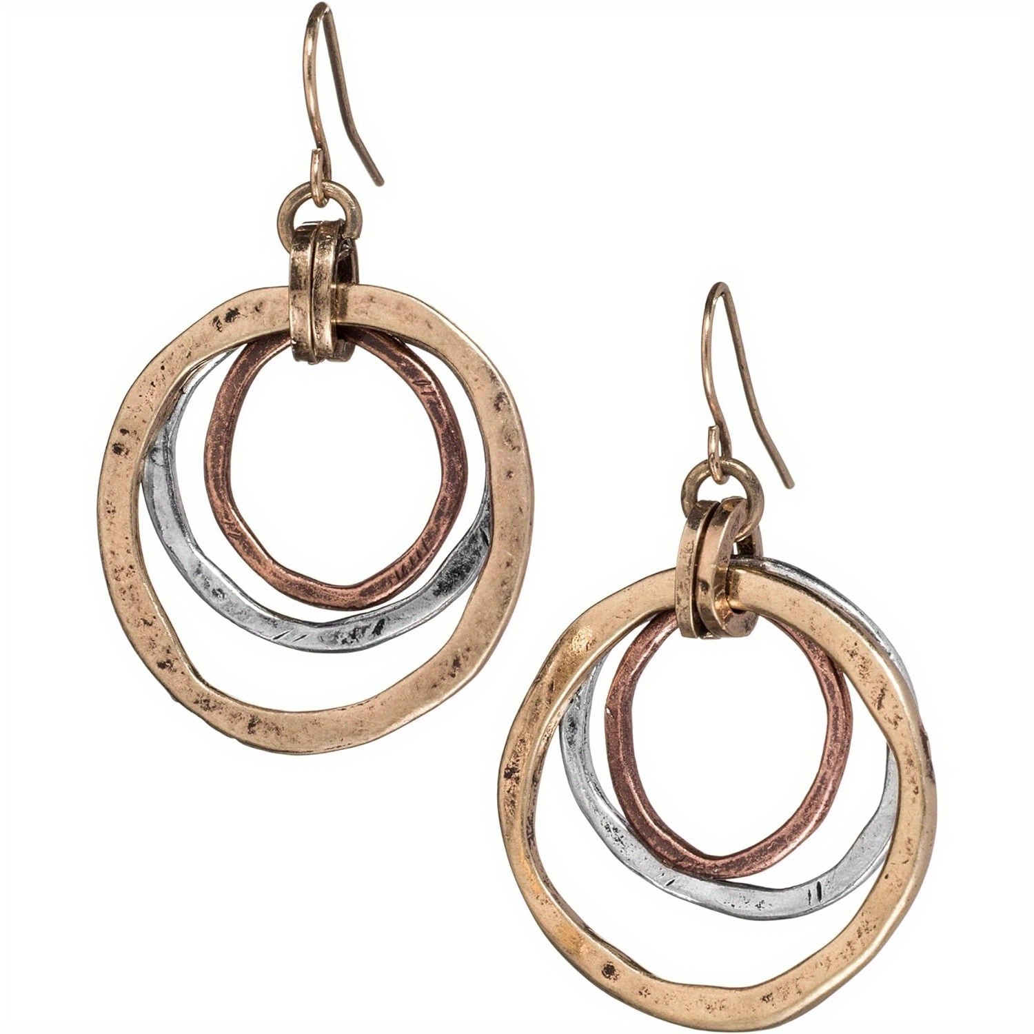 

Handmade Sunrise Tricolor Dangle Earrings - Burnished Circles, Copper, Brass And Silverplated