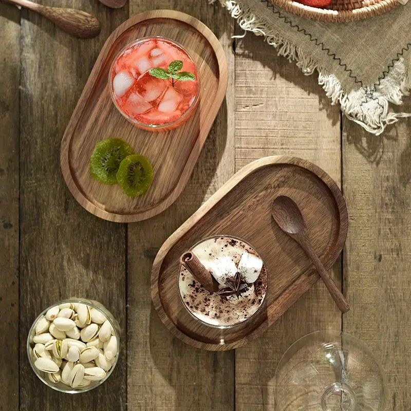 yogʻoch oval likopcha toʻplami, mevalar, pishloq, tortlar, non, choy, qahva va nonushta uchun koʻp maqsadli yogʻoch likopchalar, akasiya yogʻochidan xizmat qilish plitalari, tafsilotlar 8