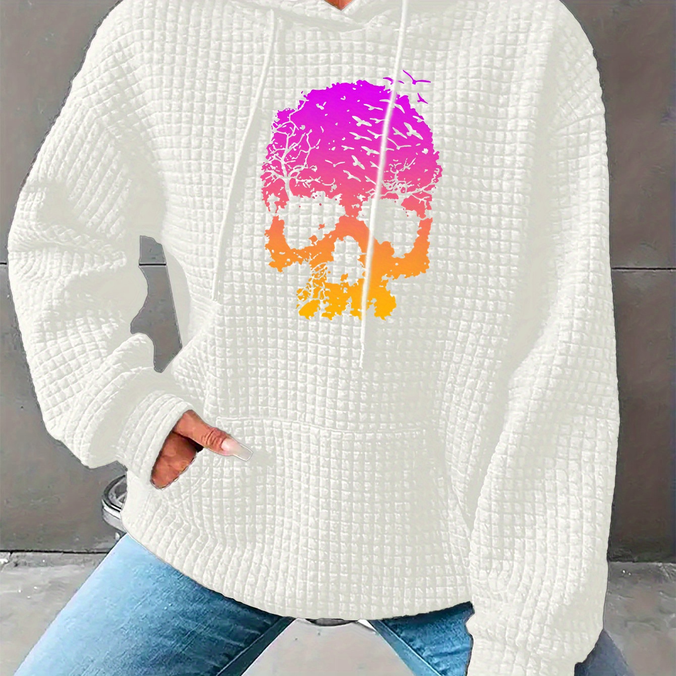 

Casual Ombre Skull Print Waffle Lounge Top For Fall & Winter, Long Sleeve Hooded Drawstring Sweatshirt With Kangaroo Pockets, Women's Loungewear For Halloween