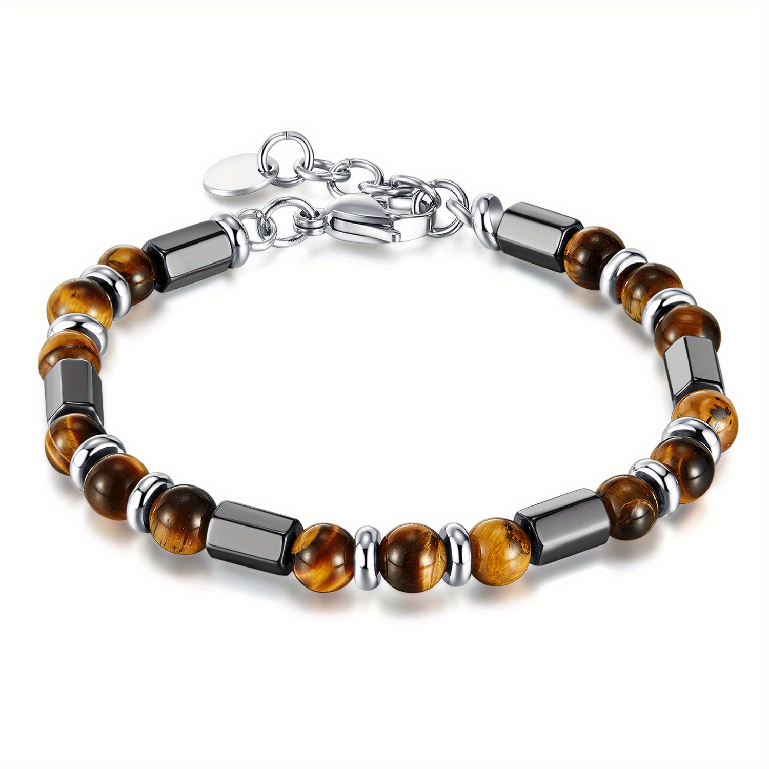 

Men' Steel Bracelet Tiger Eye Beads - No Plating,