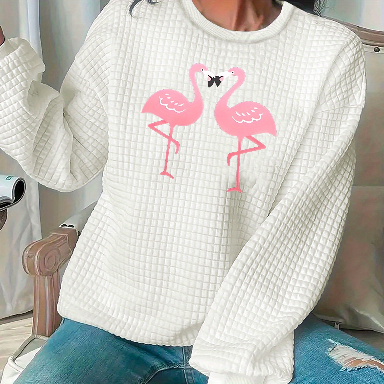 

Casual Flamingo Print Textured Lounge Top For Fall & Winter, Long Sleeve Crew Neck Pullover Sweatshirt, Women's Loungewear