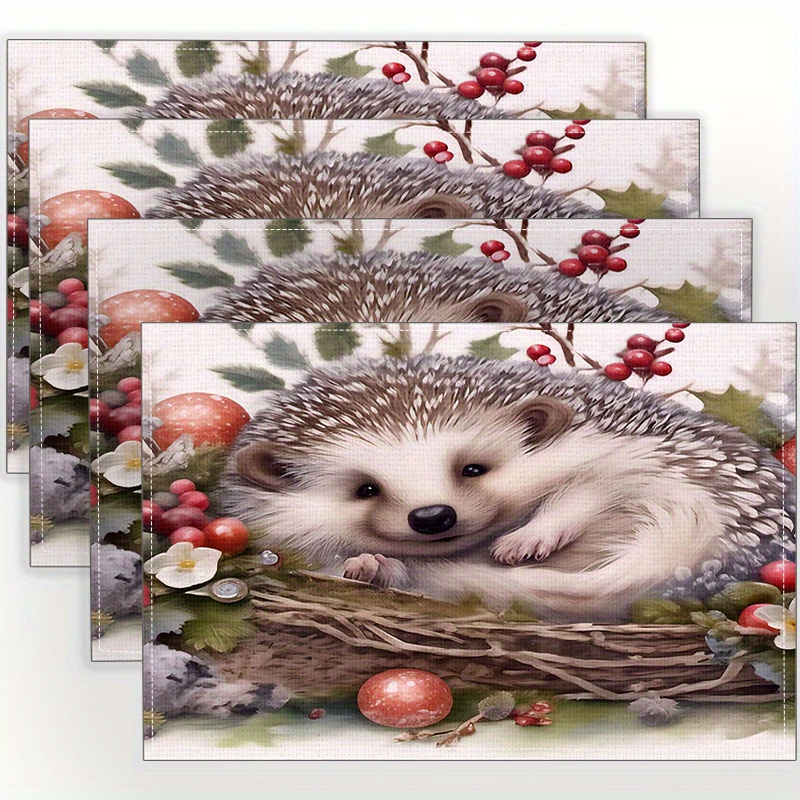 

Hedgehog Printed Linen Placemats - Square, Hand Wash Only, Perfect For Kitchen & Dining Room Decor, Party Table Settings - 4pcs Set