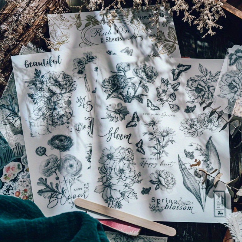 Image of 2 Sheets Of Rub-on Transfer, Perfect For Scrapbooking, Floral Embellishments, And Other Crafts, Ideal For Art Projects And Decorating Furniture