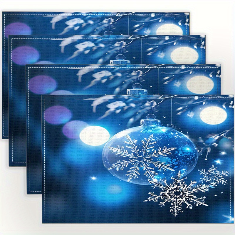 

4pcs Christmas Snowflake Print Placemats, Woven Linen Table Mats, Square Hand Wash Only, Holiday Party Dining Decor Coasters