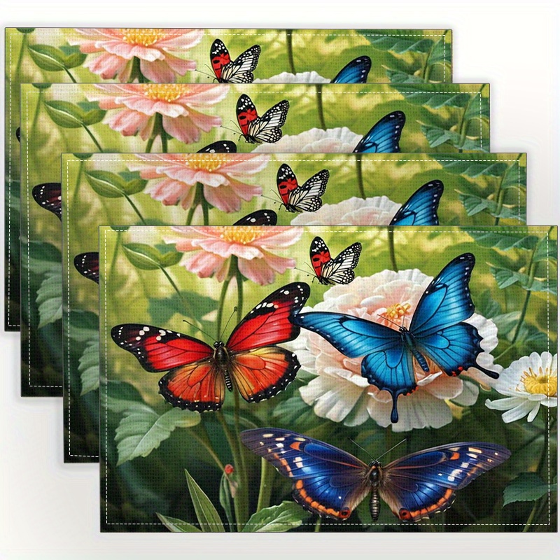 

4pcs Set Butterfly Print Linen Placemats - Square, Heat-resistant Dining Table Mats For Parties & Restaurant Decor, Hand Washable