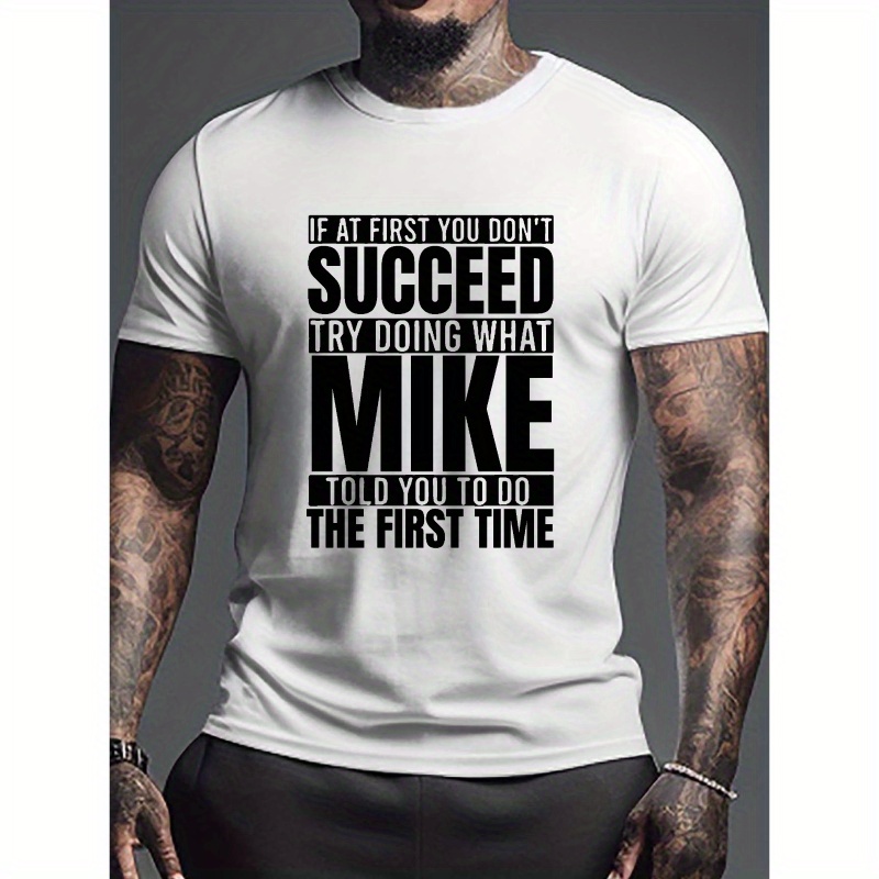 

Plus Size Men's Summer T-shirt, Word Art Mike Graphic Print Short Sleeve Tees, Trendy Casual Tops For Daily Life, Big & Tall