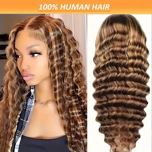 13x5 hd transparent lace front wig honey blonde ombre deep wave human hair with baby hair 250 density 26 inch elegant style for women natural look wig deep glossy