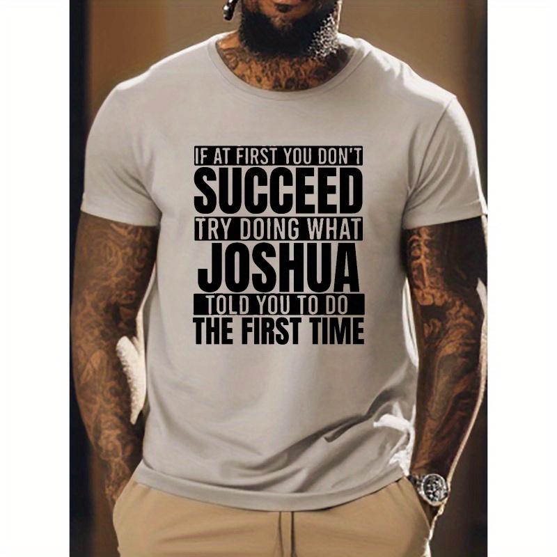 

Plus Size Men's Summer T-shirt, Word Art Joshua Graphic Print Short Sleeve Tees, Trendy Casual Tops For Daily Life, Big & Tall