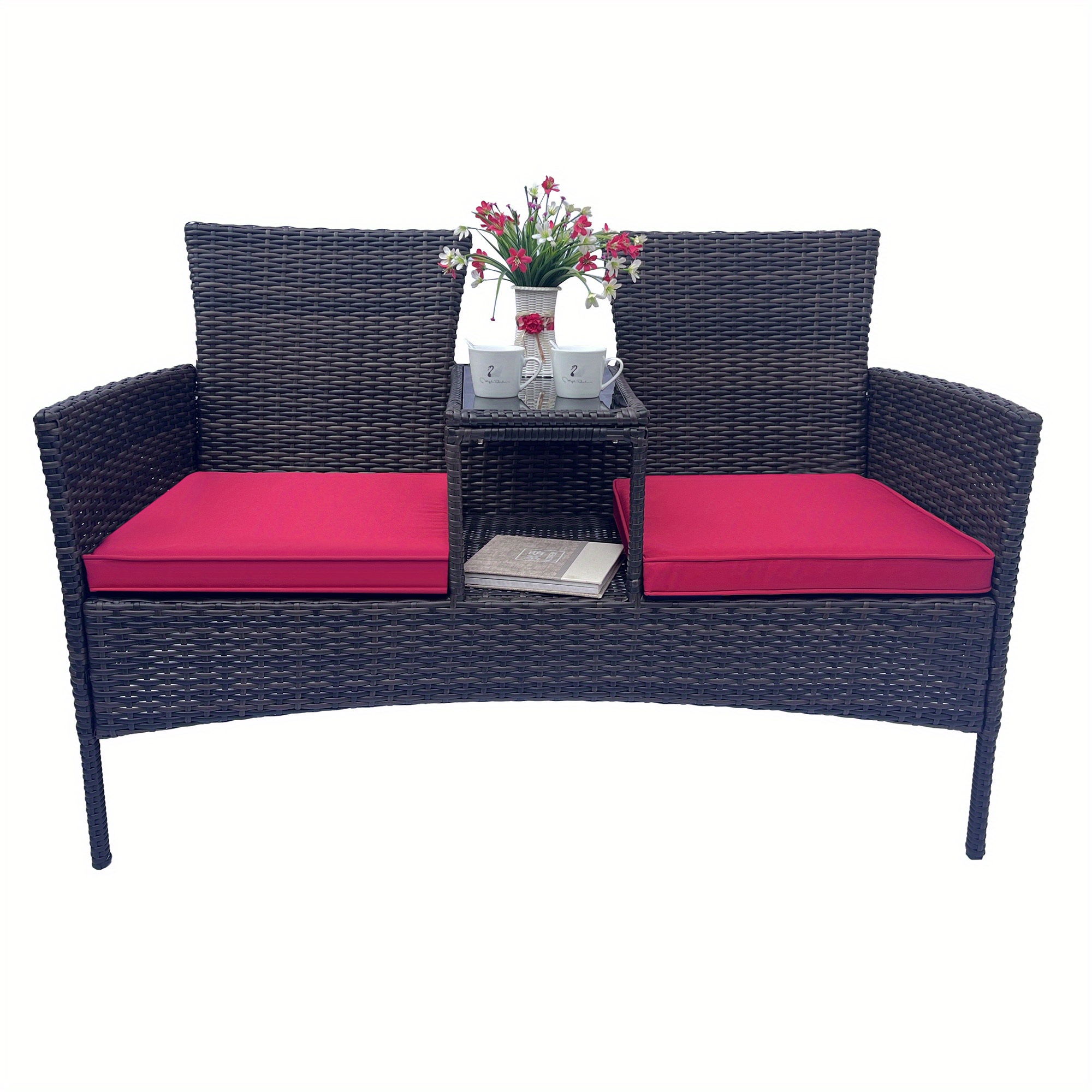 

Black Wicker Patio Dialogue Furniture Set, Outdoor Furniture Set With Removable Cushions And Table, Tempered Glass Countertops, Modern Rattan Bench In The Backyard Of The Garden Lawn