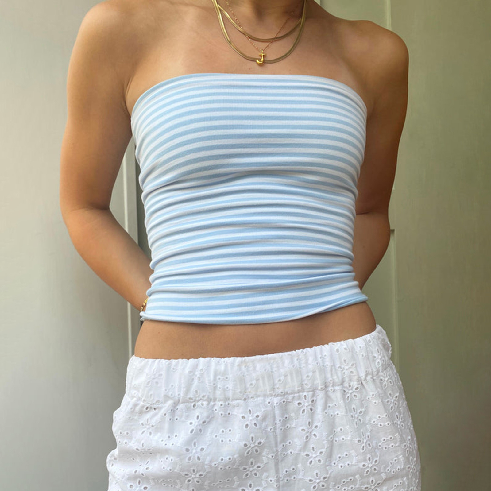 

Women Y2k Strapless Tube Top Striped Print Slim Fit Bandeau Crop Tops Off Shoulder Backless Summer Cami Tops