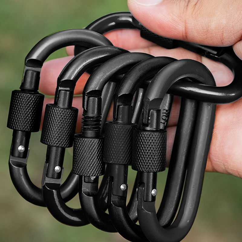 

6-piece Black Aluminum Alloy D-shaped Carabiners With Screw Gate - Perfect For Outdoor Climbing, Camping, Hiking & Fishing, 42x80mm Keychain Hooks