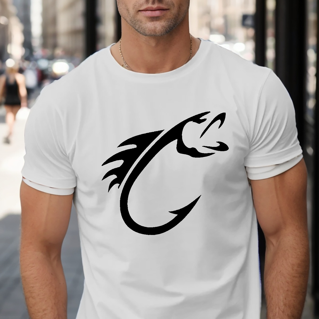 

1 Pc, 100% Cotton T-shirt, Fish Hook Print Tees For Men, Casual Quick Drying Breathable T-shirt, Short Sleeve T-shirt For Summer