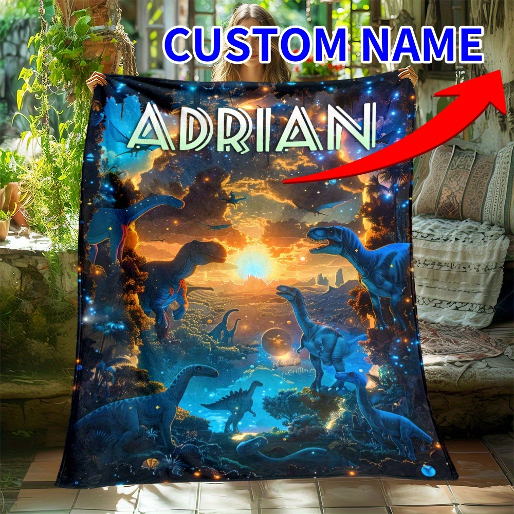 

Custom Name Dinosaur Printed Blanket - Lightweight Flannel Throw For Home, Office, Or Travel - 160cm X 200cm (62.99" X 78.74")