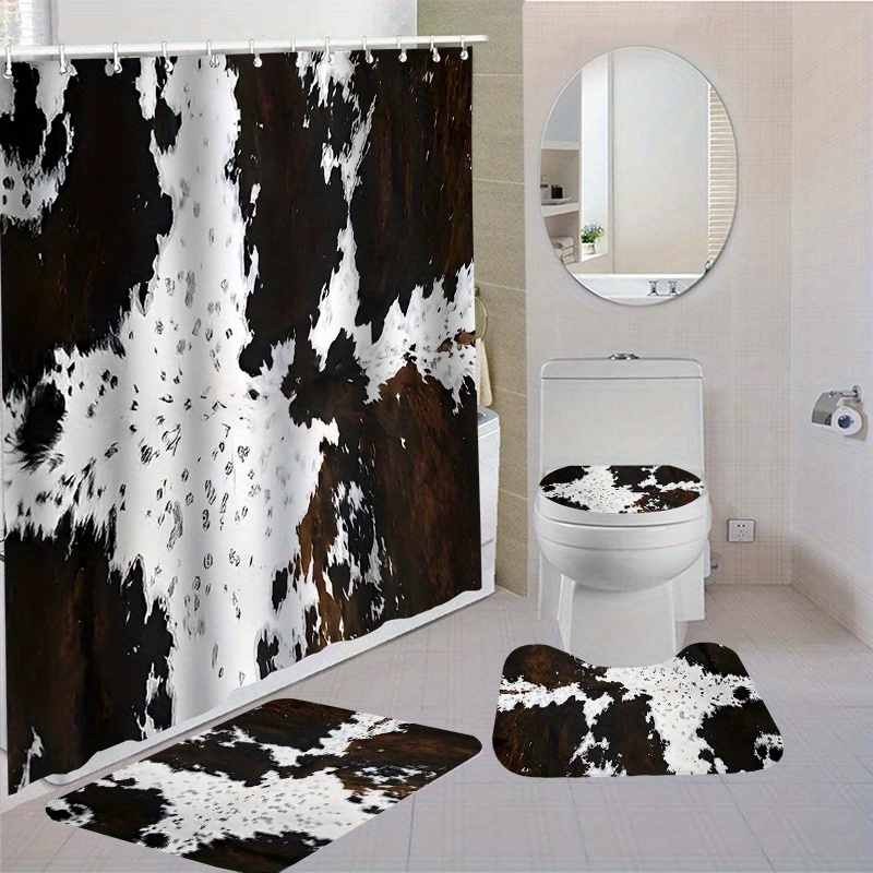 

1pc/4pcs Waterproof Bathroom Shower Curtain Set With 12 Hooks Toilet Seat Bath Mats And Rugs Non-slip Carpet Toilet Covers Polyester Fabric Washable Curtain For Windows Bathroom Accessories