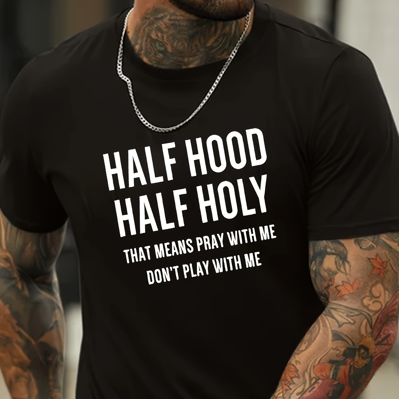 

1 Pc, 100% Cotton T-shirt, Half Hood Half Holy Print T Shirt, Tees For Men, Casual Short Sleeve T-shirt For Summer