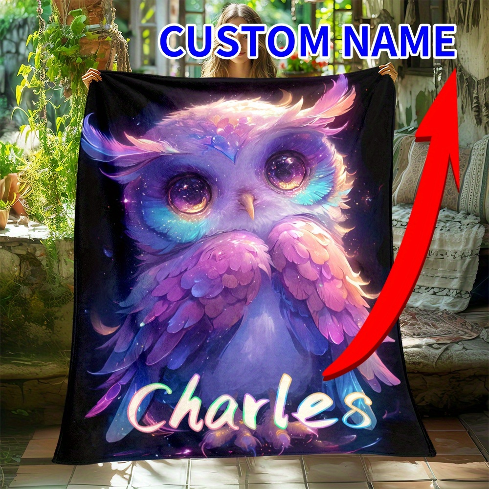 

Personalized Cute Owl Flannel Throw Blanket – Custom Name Lightweight Warm Soft Cozy Polyester Knitted Animal Theme For Couch Sofa Bed Travel – Tear Resistant Gift