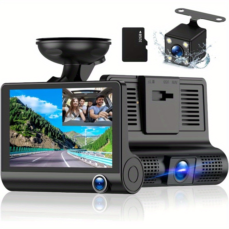 

3 Channel Dash Cam Front And Rear Inside, 1080p 4 Inches 170° Wide Angle Dashcam, Dash Camera For Cars With 32gb Card, Super Night Vision, Loop Recording, G-sensor, Motion Detection, Parking Mode