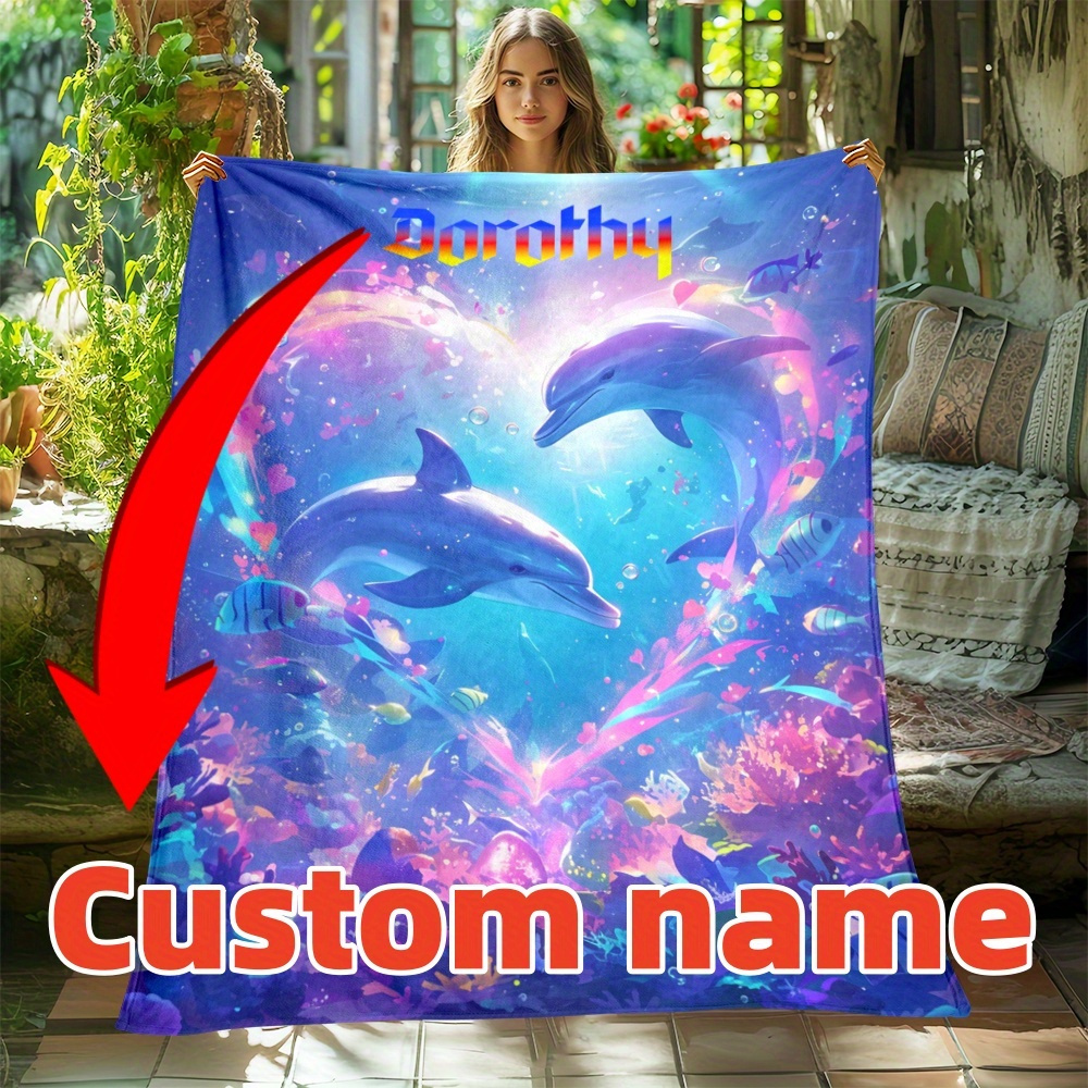 

Personalized Dolphin Ocean Print Flannel Throw Blanket - Soft, Lightweight & Durable For Couch, Bed, Travel & Camping - Custom Name Option, Perfect Gift For Family & Friends