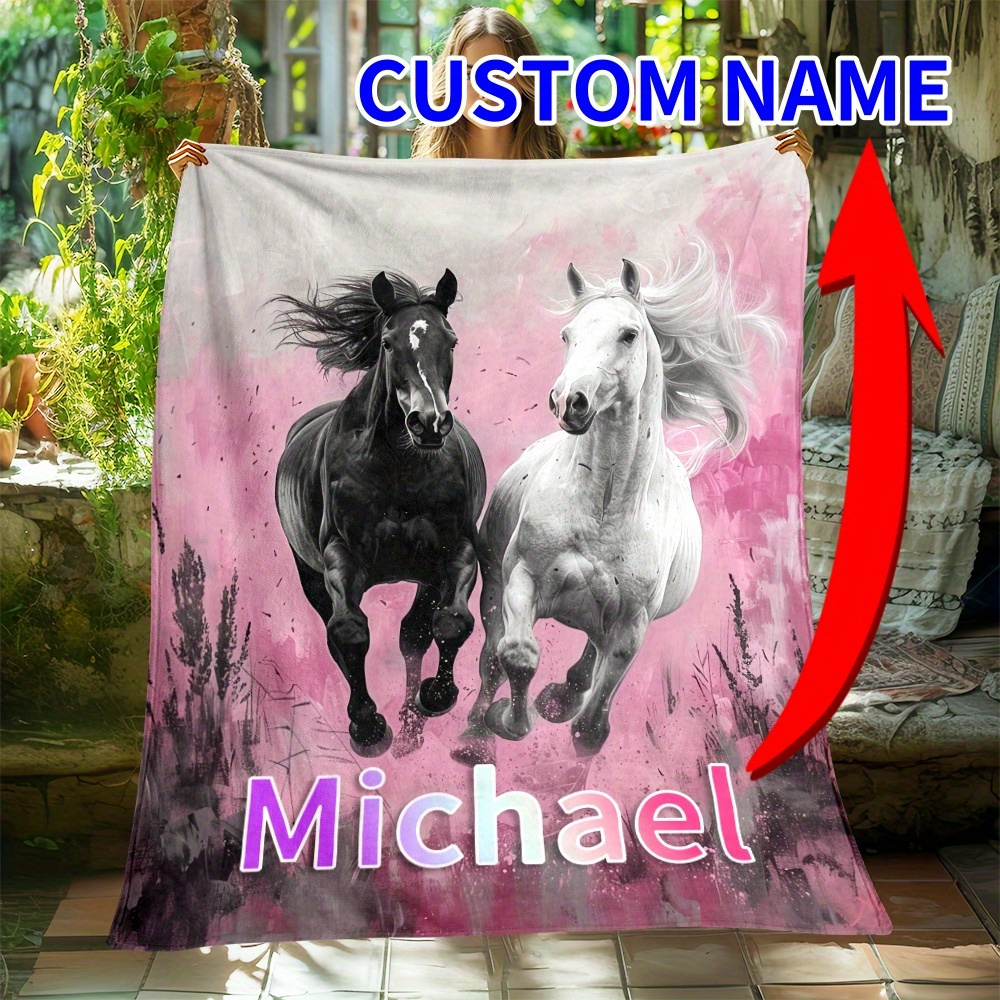 

Custom Name Running Horses Flannel Throw Blanket - Lightweight, Tear-resistant For Couch, Bedroom, Office, Travel | Personalized Gift Idea