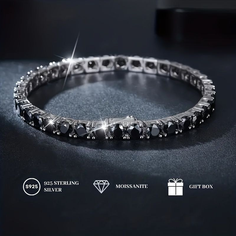 Image of Elegant 925 Sterling Silver Bracelet, Unisex Fashion Bracelet With 11ct- Black Moissanite, 0.2 Inch And 0.12 , Graduation Gift, Birthday Gift, Wedding Anniversary Wedding, Festivals Everyday Wear