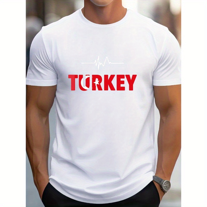 

Heartbeat Turkey Print Men's Short Sleeve T-shirt, Trendy Tees, Casual Comfortable Lightweight Top For Summer