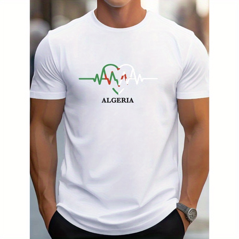 

T-shirt à manches courtes pour homme avec imprimé graphique Heartbeat Algeria, T-shirts tendance, haut décontracté confortable et léger pour l'été