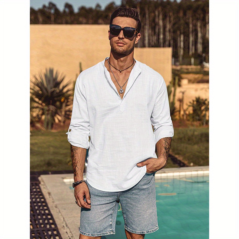 

Men's Cotton Linen Henley Shirt Long Sleeve Hippie Casual Beach T Shirts