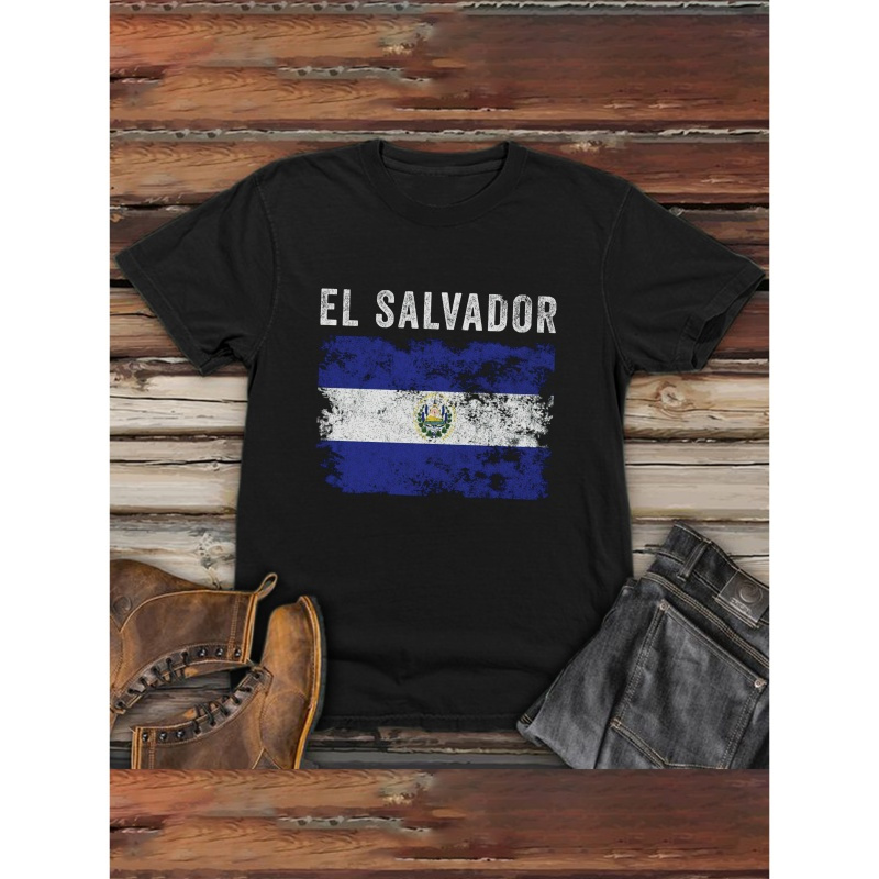 

El Salvador Graphic Print Men's Short Sleeve T-shirt, Trendy Tees, Casual Comfortable Lightweight Top For Summer