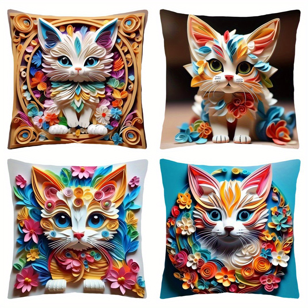 

4-pack Of Quilted Kitty Pillow Covers - Bohemian Style, Multiple Sizes, Zipper Closure, Dry Clean Only