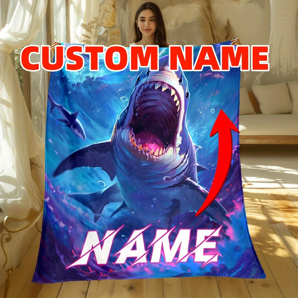 

Personalized Shark Print Flannel Throw Blanket - Soft, Lightweight & Durable For Couch, Bed, Travel & Camping - Custom Name Option, Perfect Gift For Family & Friends