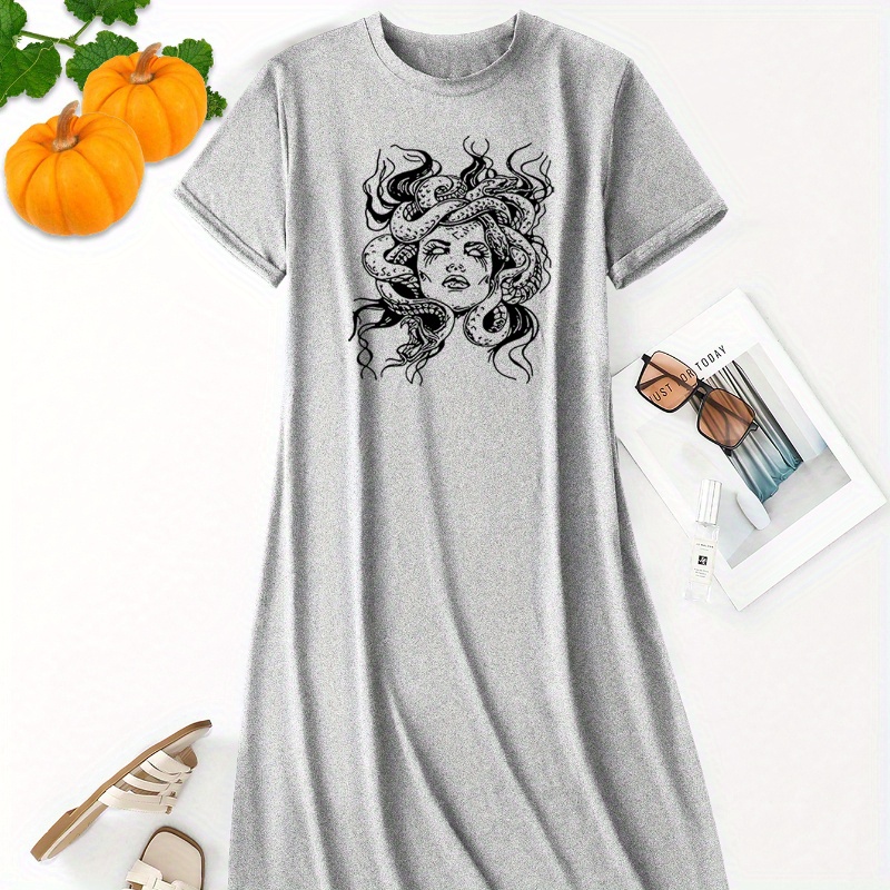 

Halloween Medusa Print Tee Dress, Short Sleeve Crew Neck Casual Dress For Summer & Spring, Women's Clothing