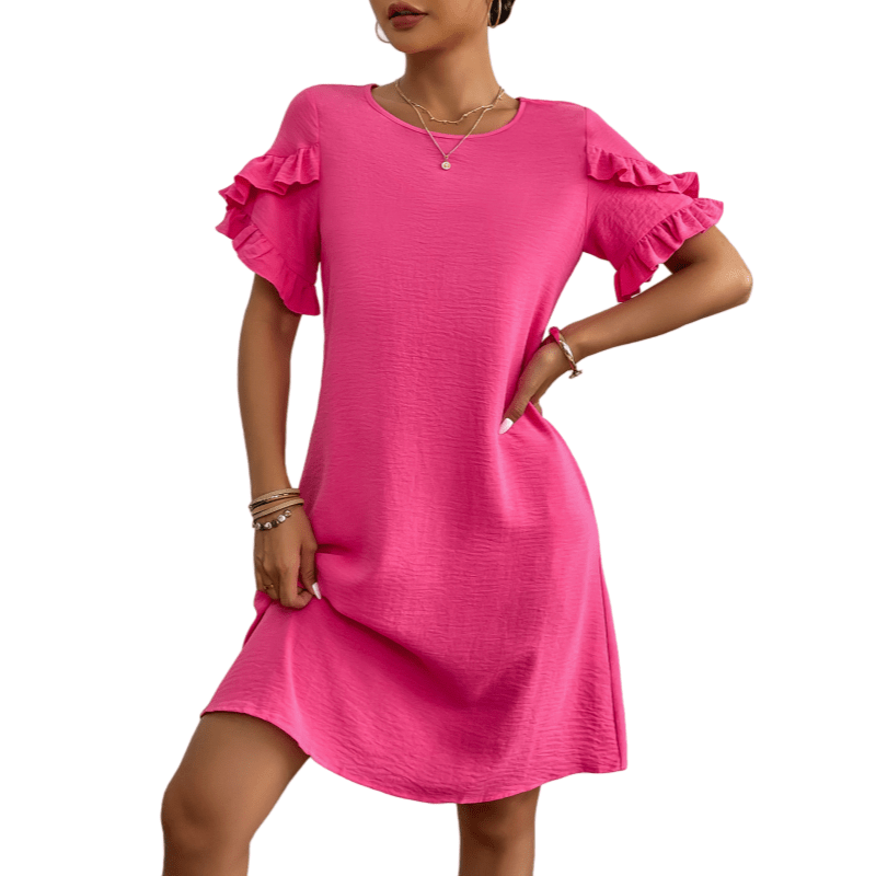 

Crew Neck A Line Dress, Casual Ruffle Trim Petal Sleeve Dress With Pocket, Women's Clothing