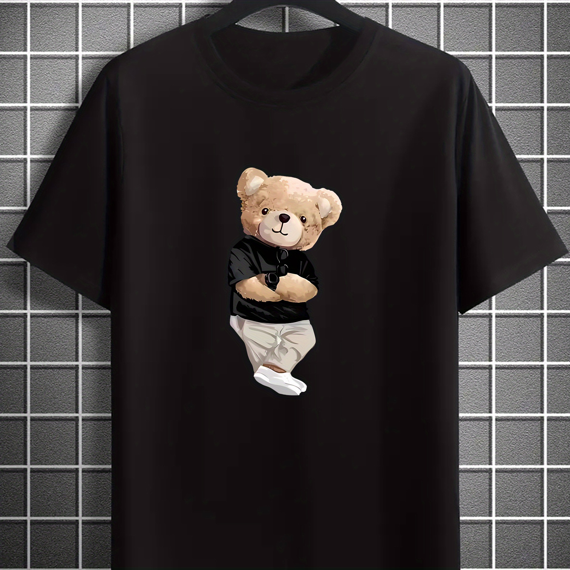 

Men's Bear Graphic Print T-shirt, Short Sleeve Crew Neck Tee, Men's Clothing For Summer Outdoor