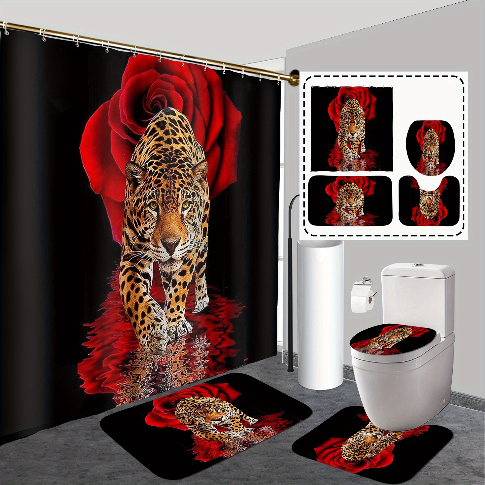 

4pcs Rose And Tiger Waterproof Shower Curtain Set, With Rugs, Hooks, Toilet Lid Cover, And U-shaped Mat, For Bathroom Decor