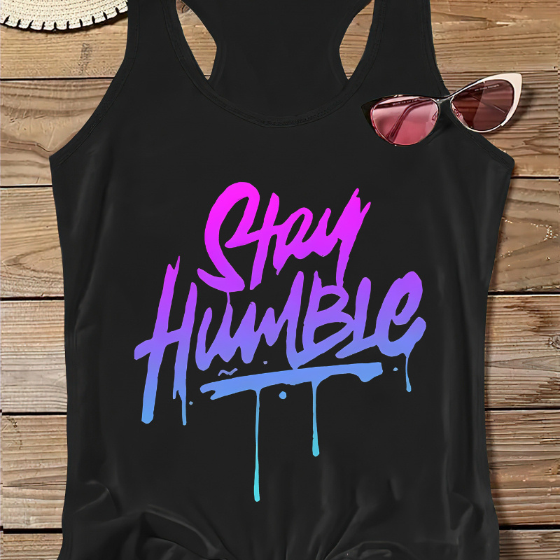 

Plus Size Stay Humble Print Tank Top, Casual Sleeveless Crew Neck Top For Summer & Spring, Women's Plus Size Clothing