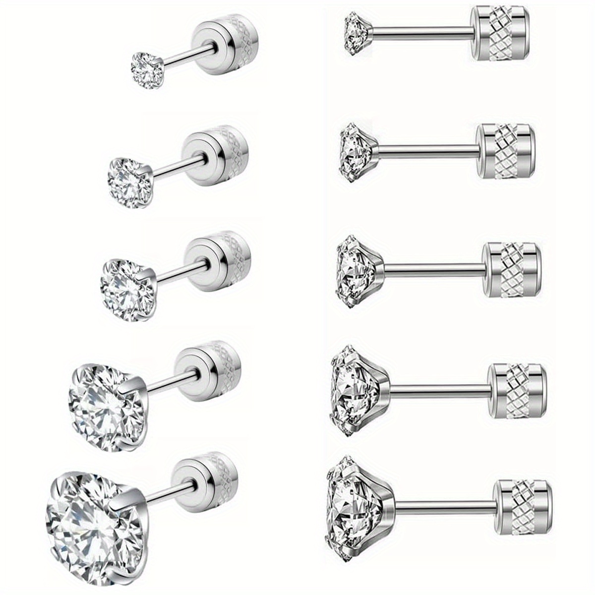 

5pairs Screw Back Stud Earrings, Hypoallergenic Stainless Steel Cubic Zirconia Double Sided Earrings