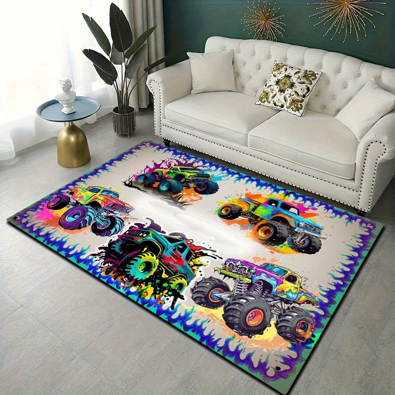 TEMU A Flame And Monster Truck Design Printed Rug - Suitable For Living Rooms, Bedrooms, Kitchens, Bathrooms, Etc. - For , Living Room Carpet