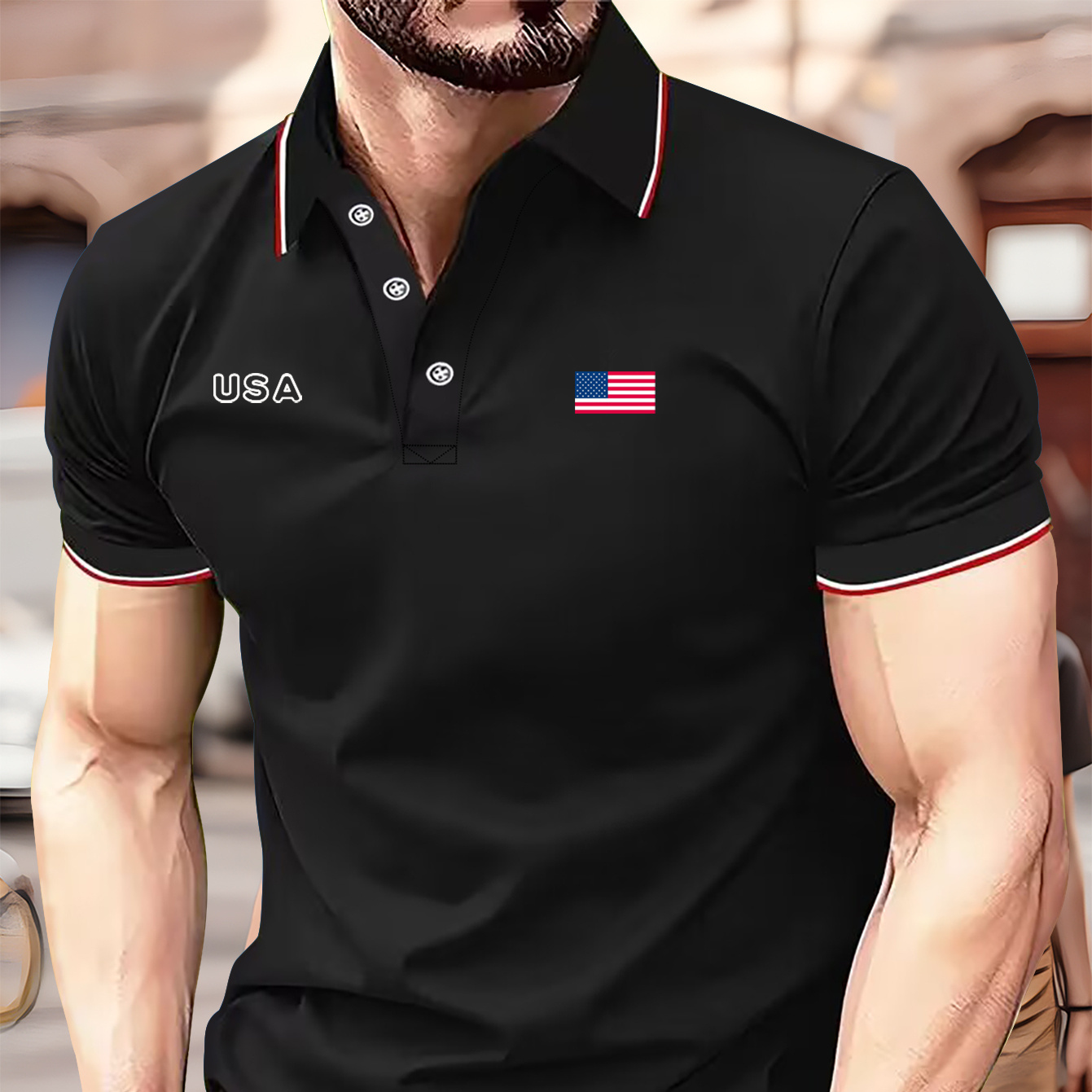 

Men's Golf T-shirt With Usa Flag Print, Breathable Comfortable Casual Short Sleeve Polyester Button Slight Stretch For Daily Wear