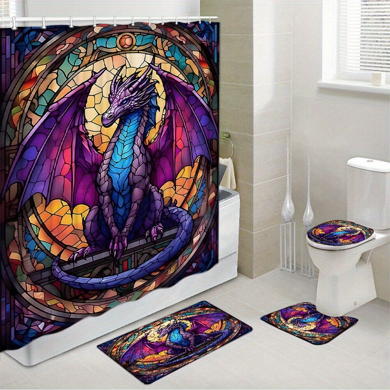 

Stunning Stained Glass Dragon Shower Curtain Set With 12 Hooks And Bath Mats - Toilet Covers, Seat, Non-slip Rug, Polyester Fabric Curtain For Windows, Bathroom Accessories, Home Decor