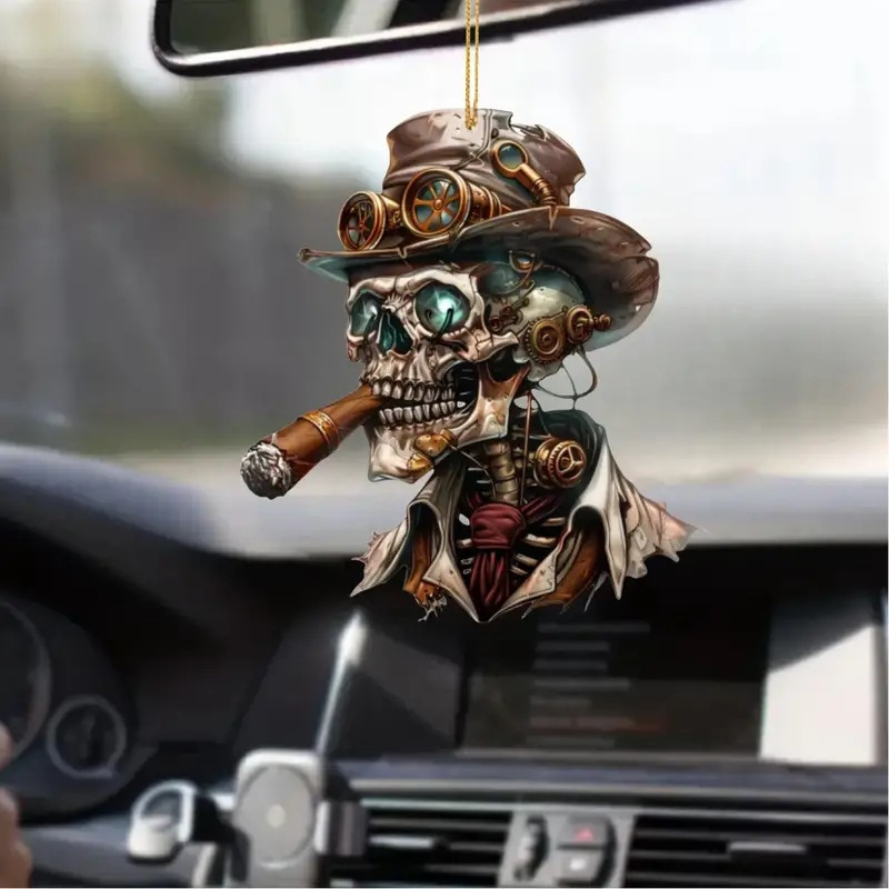 1pc steampunk skull car rearview mirror pendant acrylic hanging ornament for vehicle interior accessory creative halloween decor details 0