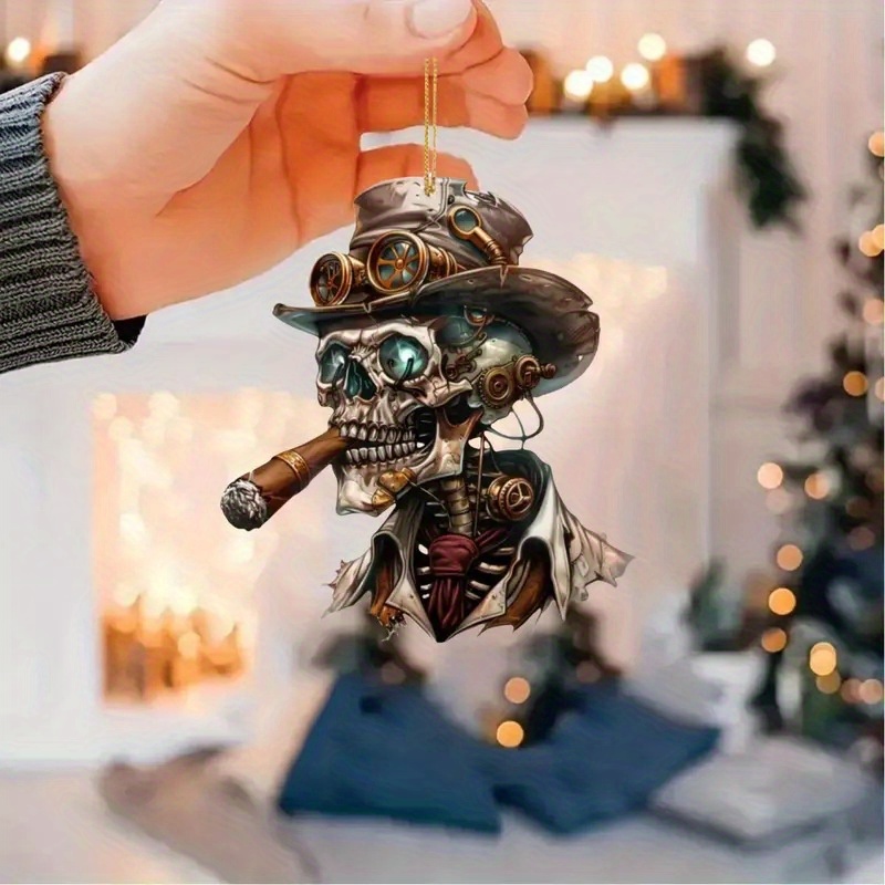 1pc steampunk skull car rearview mirror pendant acrylic hanging ornament for vehicle interior accessory creative halloween decor details 2
