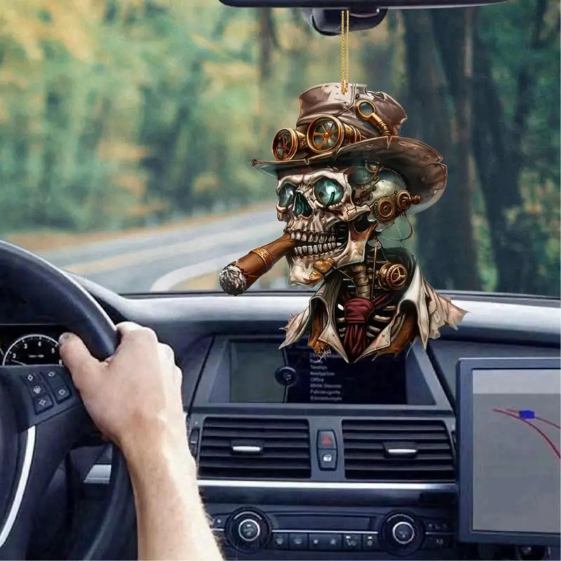 1pc steampunk skull car rearview mirror pendant acrylic hanging ornament for vehicle interior accessory creative halloween decor details 3