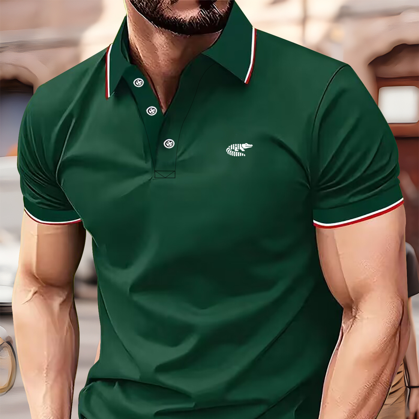 

Impression de motif de crocodile avec queue cassée, t-shirt de golf pour homme respirant confortable décontracté à manches courtes en polyester bouton légèrement extensible pour un usage quotidien.